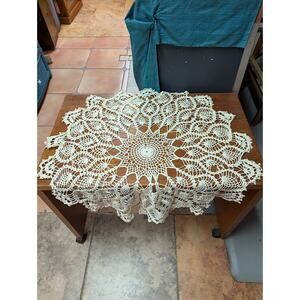 Vintage 36" Round hand crocheted table cloth circle DAMAGED needs repair